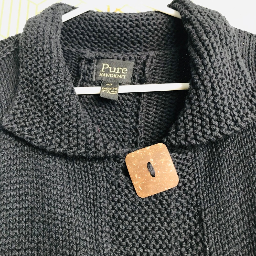 Pure Womens Handknit Cardigan Sweater Sz M/L Black 100% Cotton Chunky Buttons - Picture 4 of 7